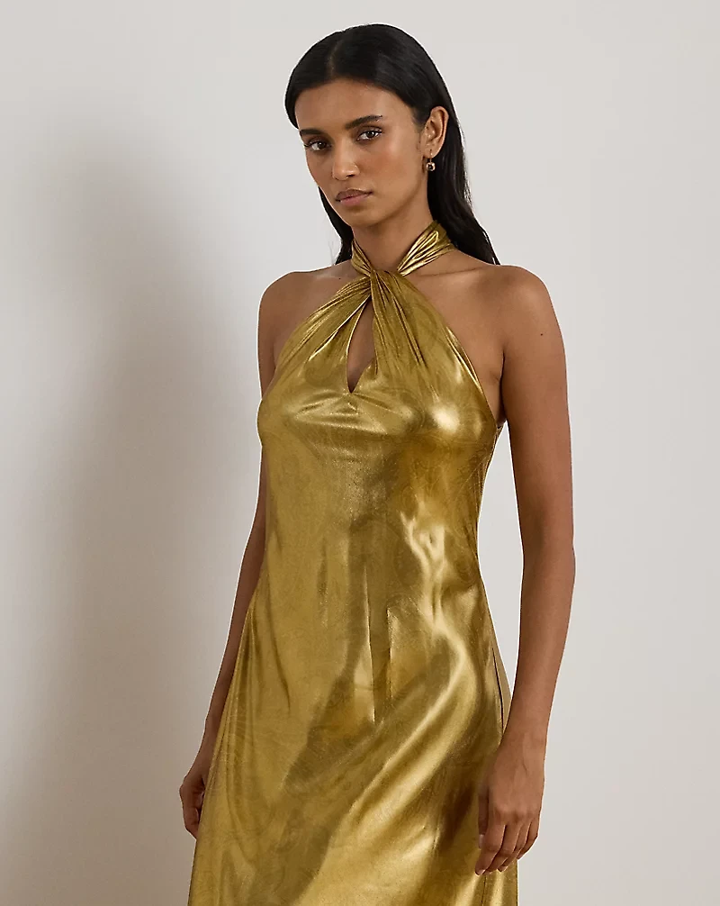 Paisley Metallic Georgette Halter Gown