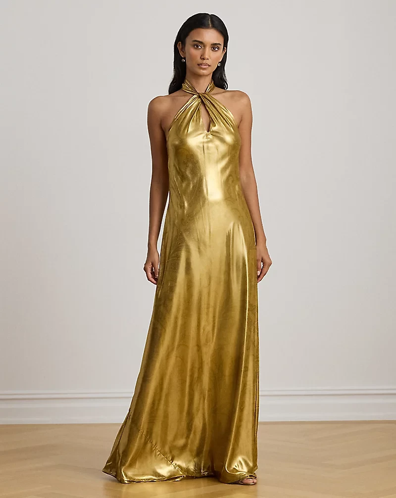 Paisley Metallic Georgette Halter Gown