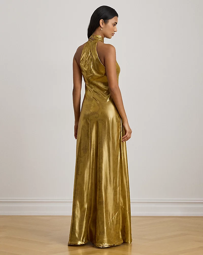 Paisley Metallic Georgette Halter Gown