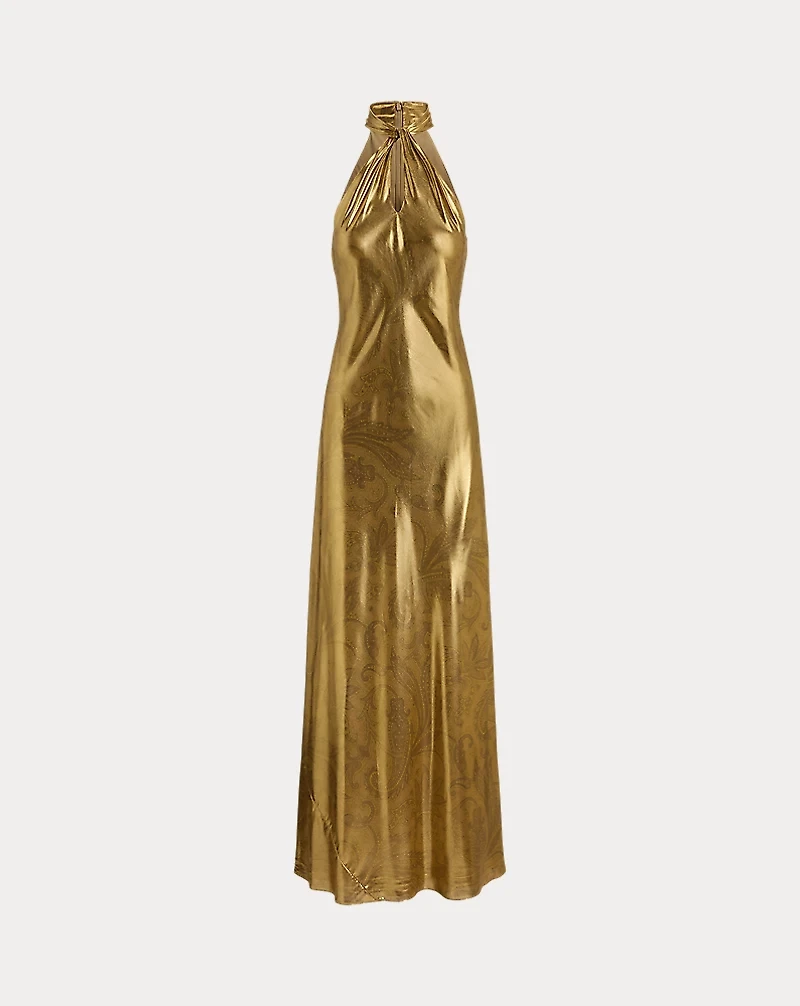 Paisley Metallic Georgette Halter Gown
