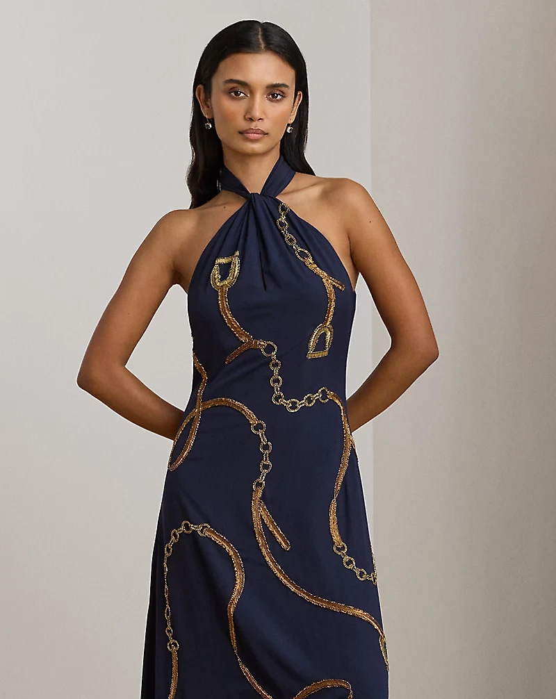 Belting-Motif Sequined Crepe Halter Gown