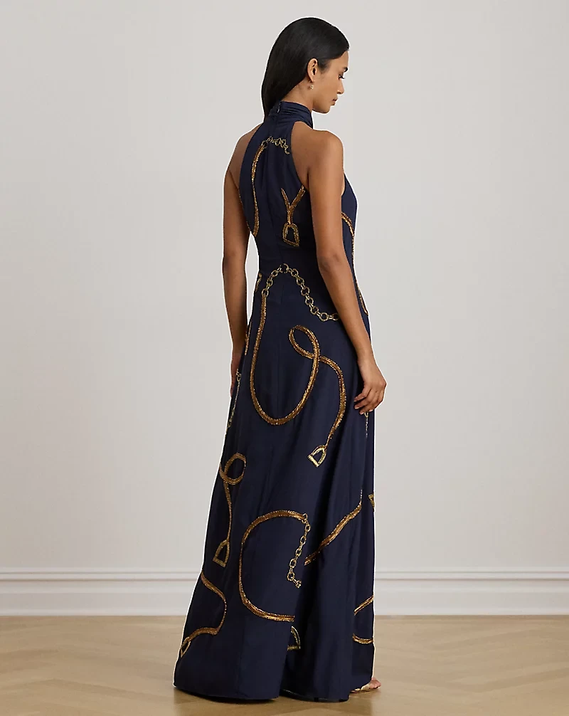 Belting-Motif Sequined Crepe Halter Gown