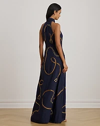 Belting-Motif Sequined Crepe Halter Gown
