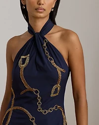 Belting-Motif Sequined Crepe Halter Gown