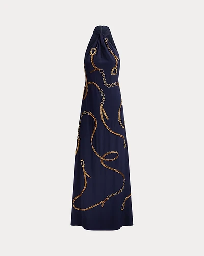 Belting-Motif Sequined Crepe Halter Gown