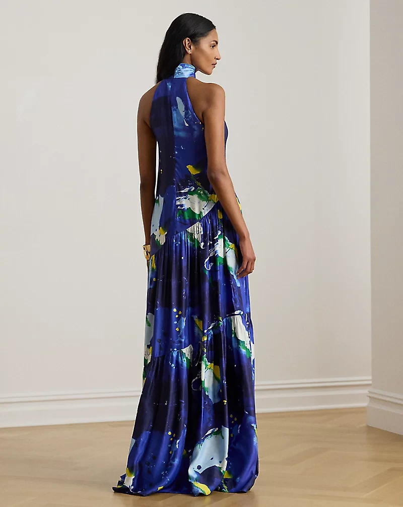 Abstract-Print Shantung Halter Gown
