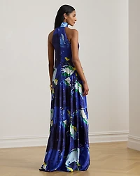 Abstract-Print Shantung Halter Gown
