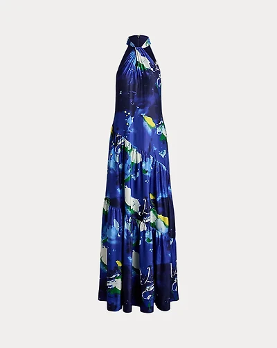 Abstract-Print Shantung Halter Gown
