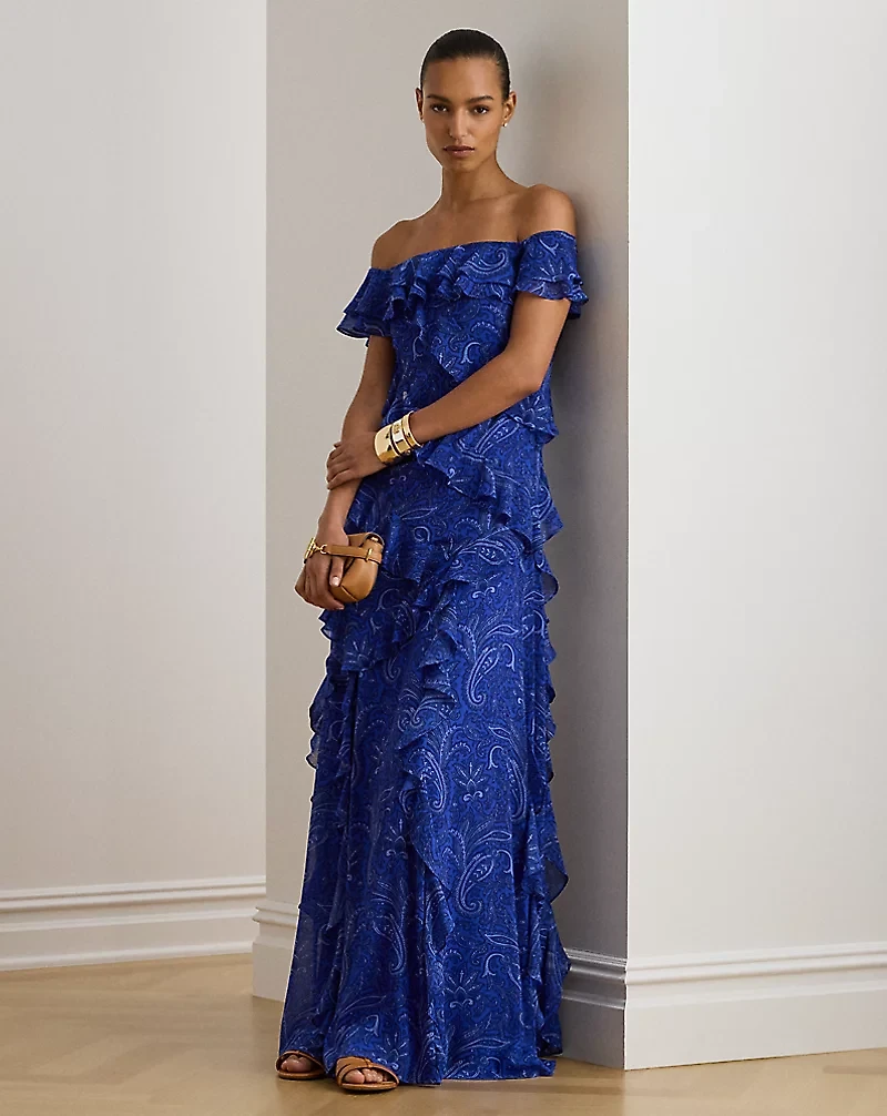 Print Ruffle-Trim Off-the-Shoulder Gown