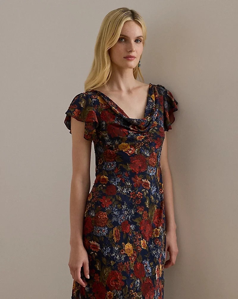 Floral Clipped Jacquard Cowlneck Gown