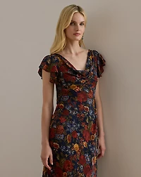 Floral Clipped Jacquard Cowlneck Gown