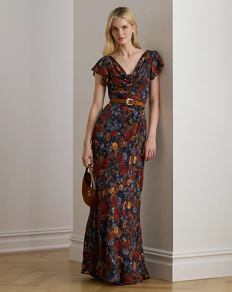 Floral Clipped Jacquard Cowlneck Gown