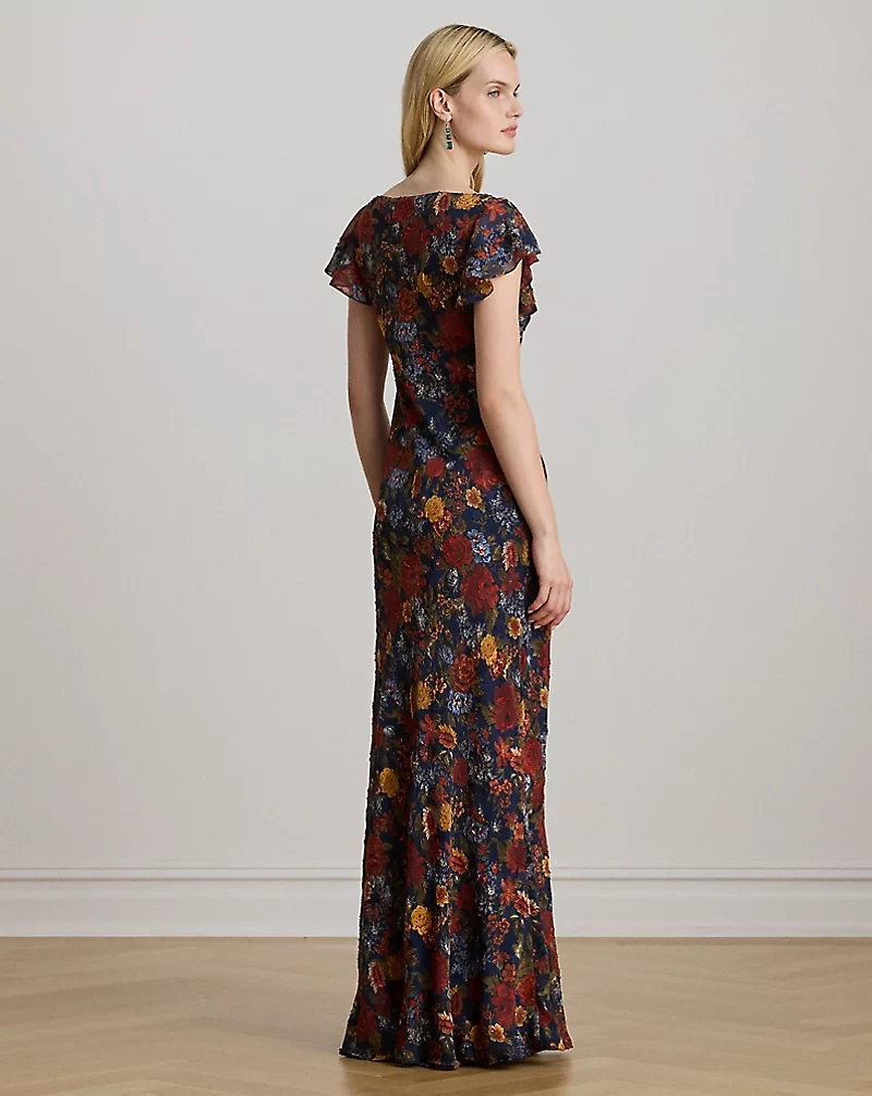 Floral Clipped Jacquard Cowlneck Gown