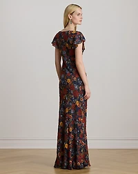 Floral Clipped Jacquard Cowlneck Gown
