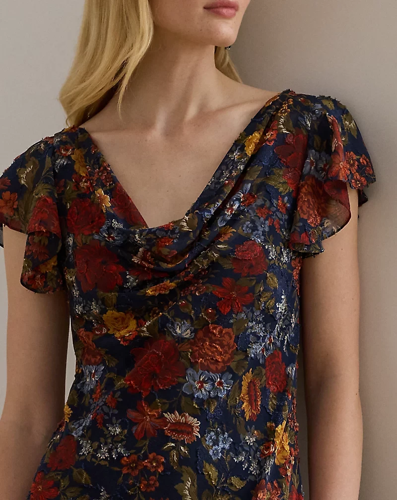 Floral Clipped Jacquard Cowlneck Gown