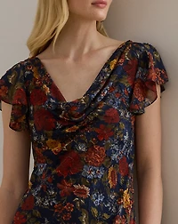 Floral Clipped Jacquard Cowlneck Gown
