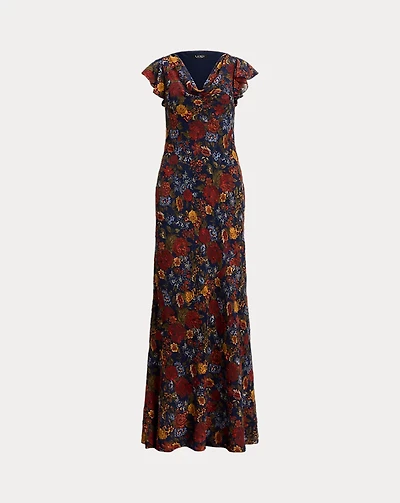 Floral Clipped Jacquard Cowlneck Gown