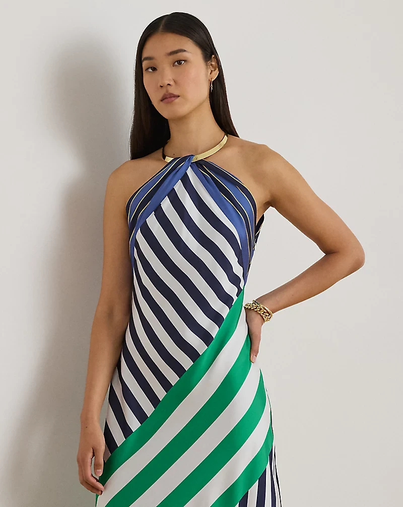 Striped Twill Halter Cocktail Dress