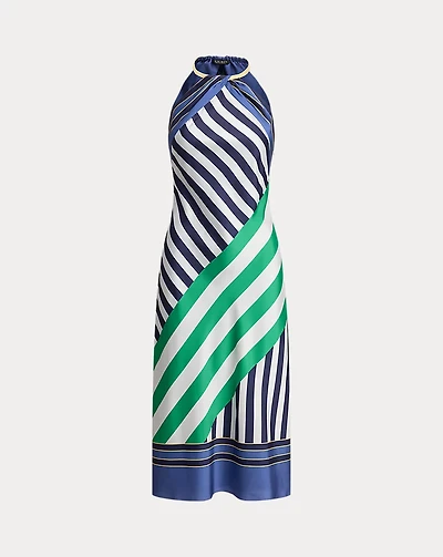 Striped Twill Halter Cocktail Dress