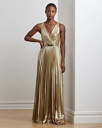 Belted Metallic Chiffon Surplice Gown