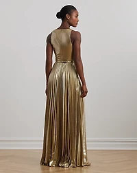Belted Metallic Chiffon Surplice Gown