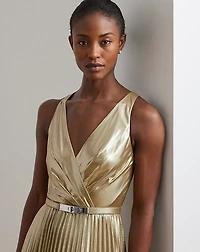 Belted Metallic Chiffon Surplice Gown