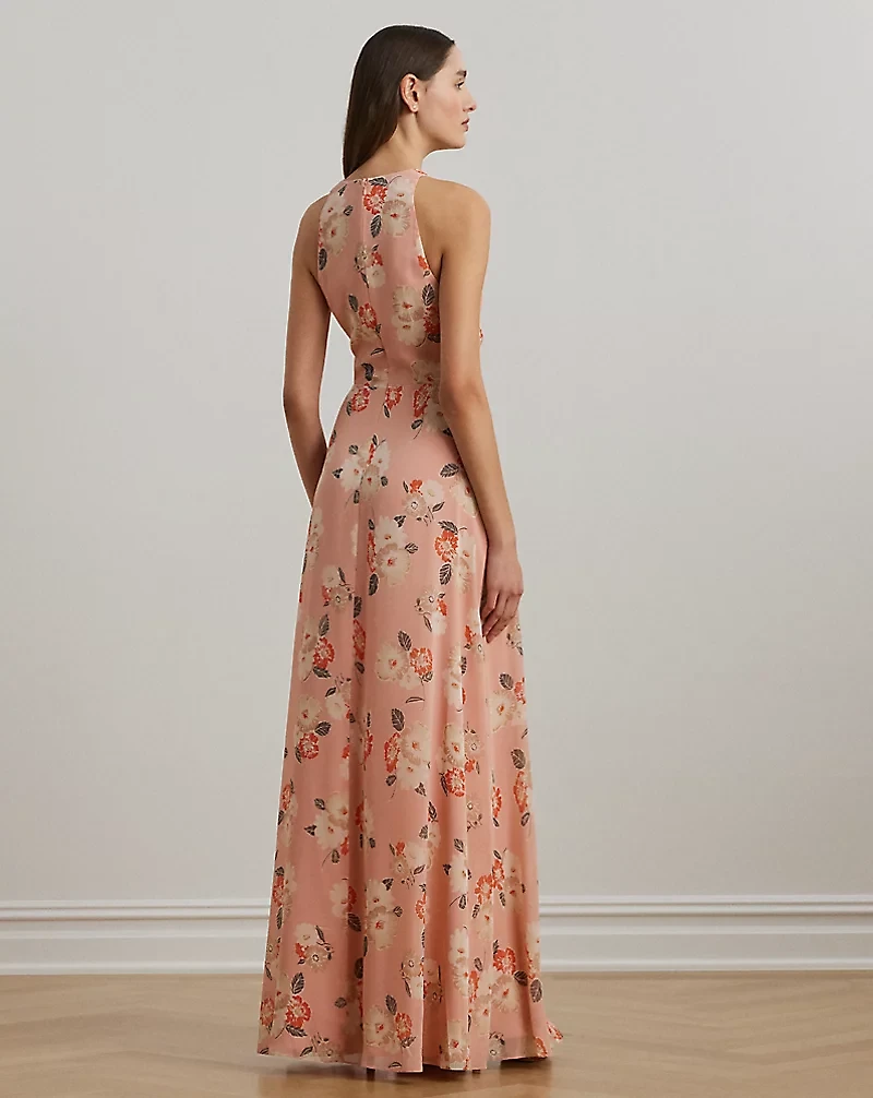 Floral Ruffle-Trim Georgette Gown
