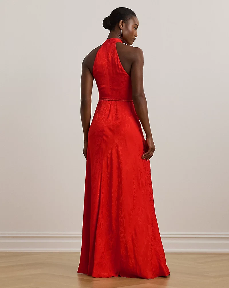 Belted Floral Jacquard Halter Gown