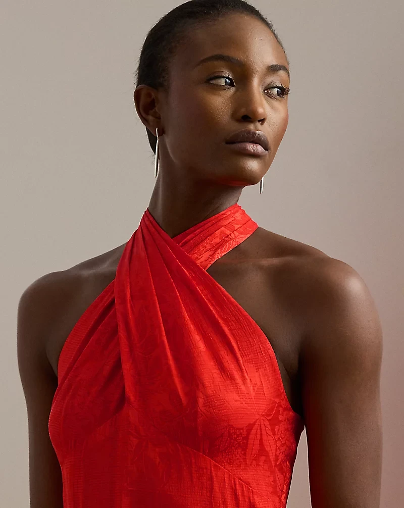 Belted Floral Jacquard Halter Gown