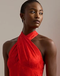 Belted Floral Jacquard Halter Gown