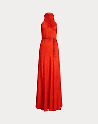 Belted Floral Jacquard Halter Gown
