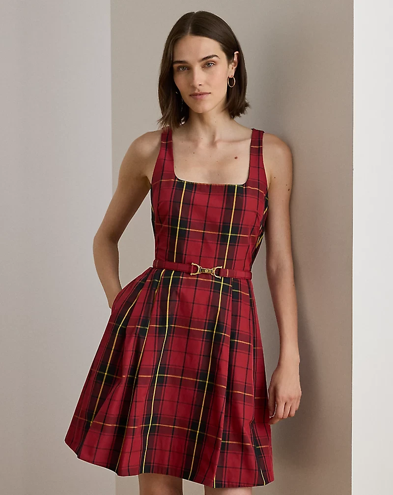 Plaid Belted Taffeta Cocktail Dress