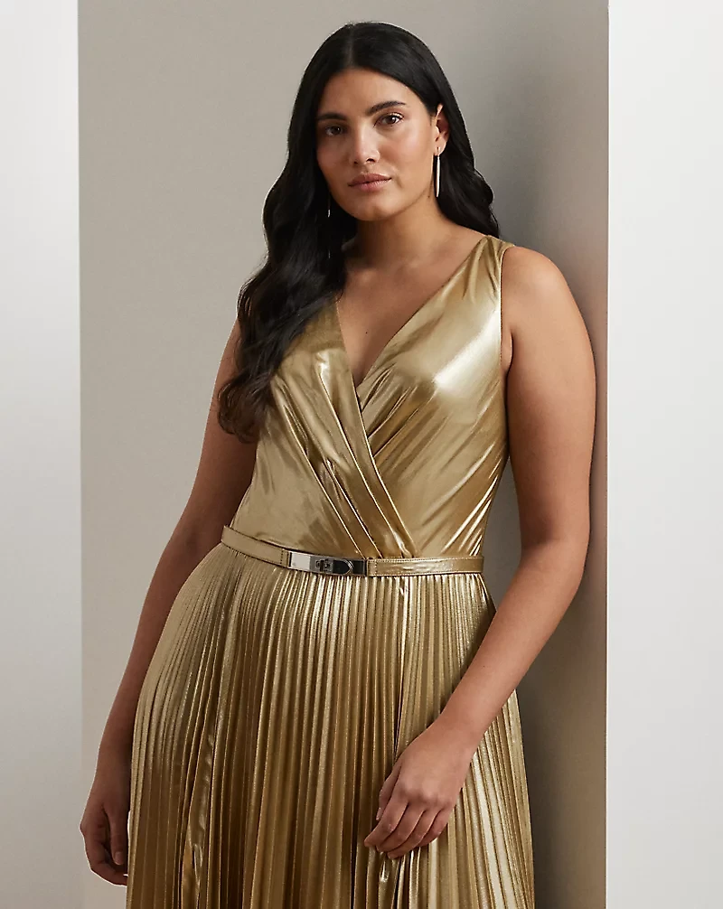 Belted Metallic Chiffon Surplice Gown
