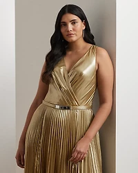 Belted Metallic Chiffon Surplice Gown