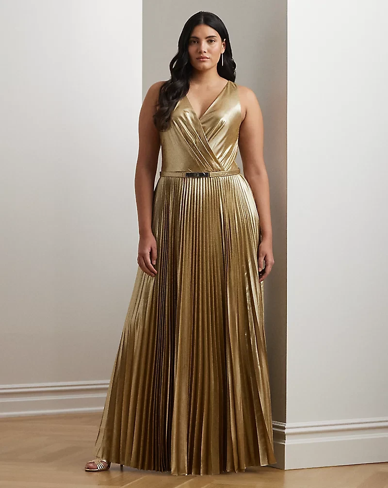 Belted Metallic Chiffon Surplice Gown