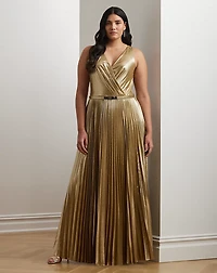 Belted Metallic Chiffon Surplice Gown