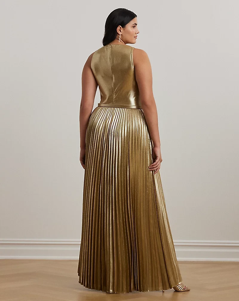 Belted Metallic Chiffon Surplice Gown
