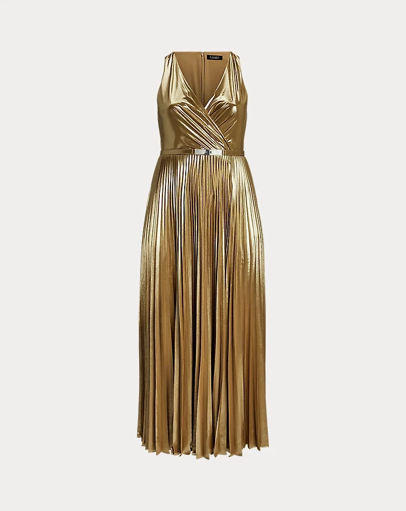 Belted Metallic Chiffon Surplice Gown