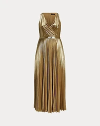 Belted Metallic Chiffon Surplice Gown