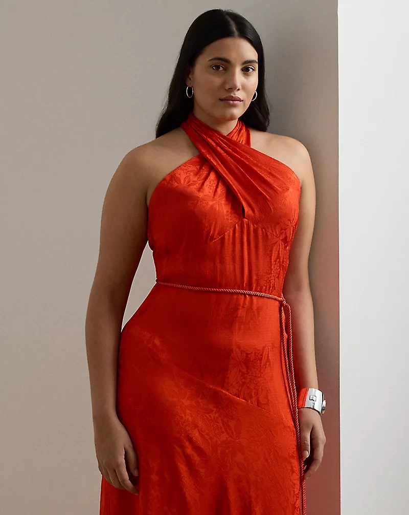 Belted Floral Jacquard Halter Gown