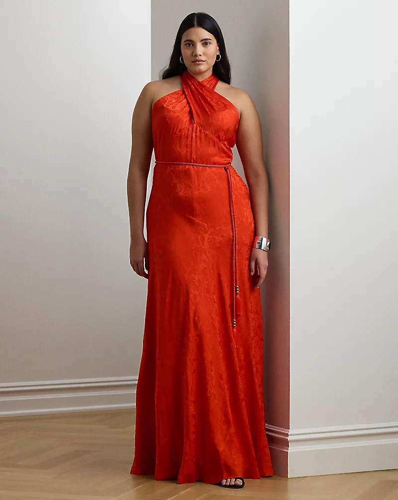 Belted Floral Jacquard Halter Gown