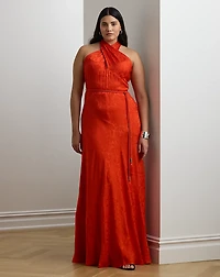 Belted Floral Jacquard Halter Gown