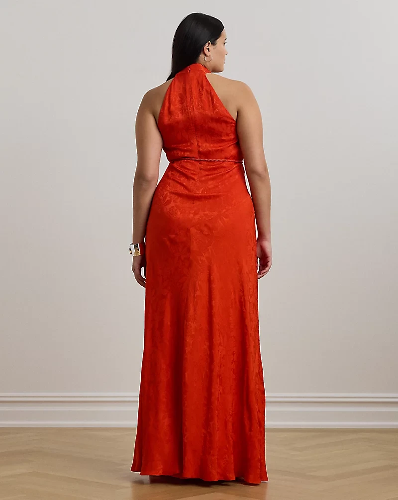 Belted Floral Jacquard Halter Gown