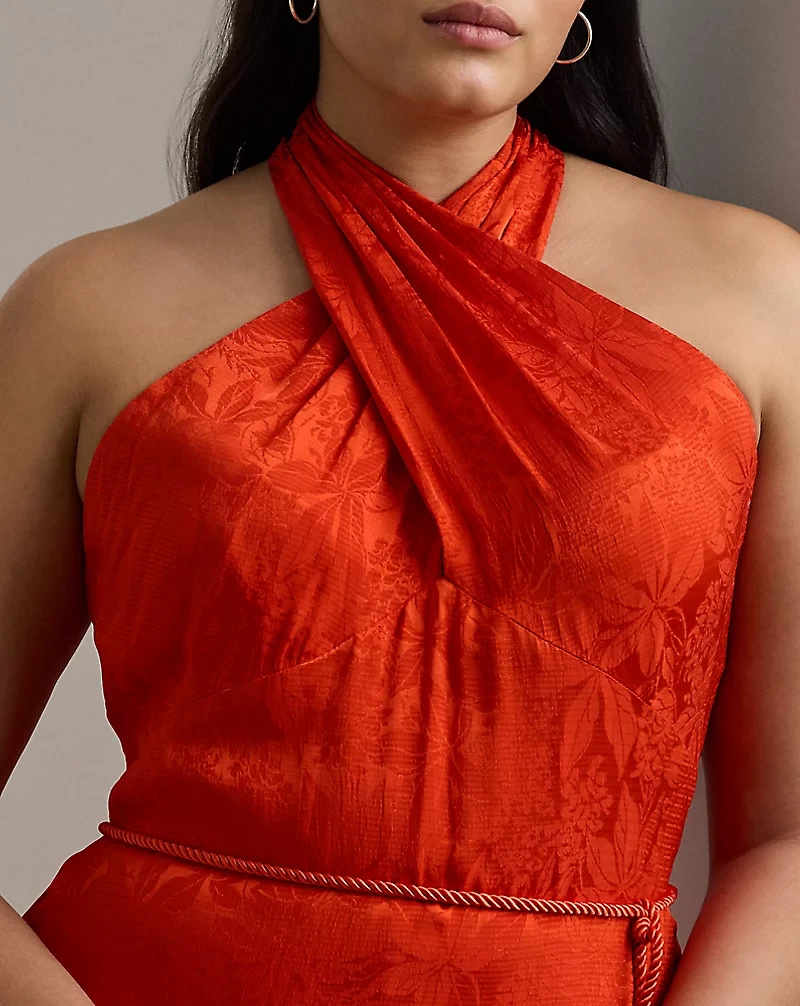 Belted Floral Jacquard Halter Gown