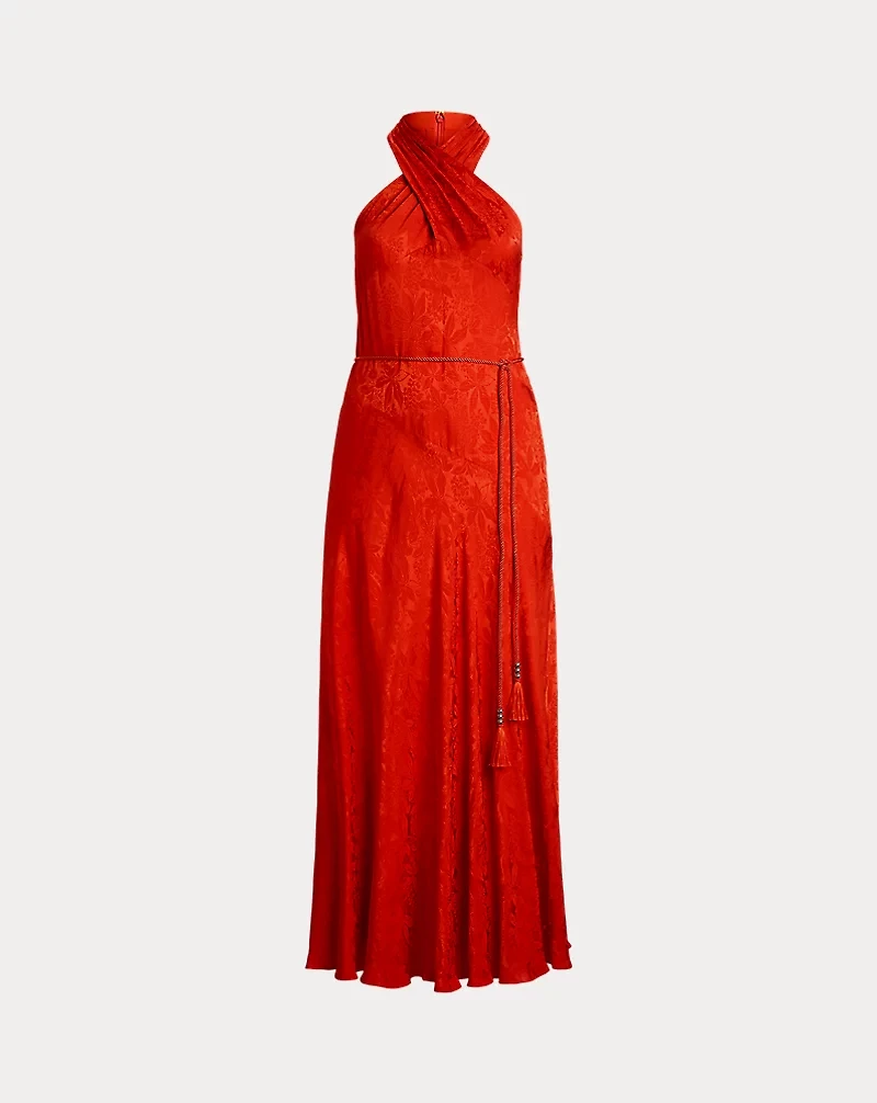 Belted Floral Jacquard Halter Gown