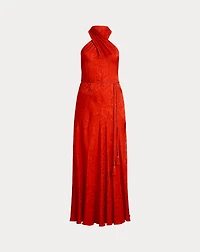 Belted Floral Jacquard Halter Gown