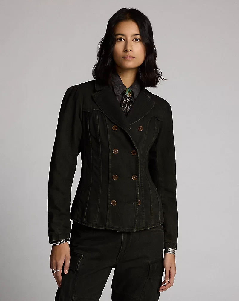 Double-Breasted Black Denim Jacket