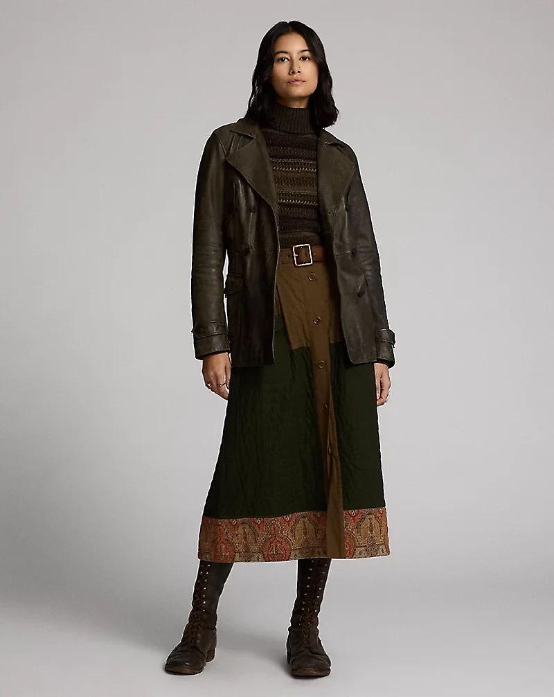 Mixed-Panel Quilted Cotton-Linen Skirt
