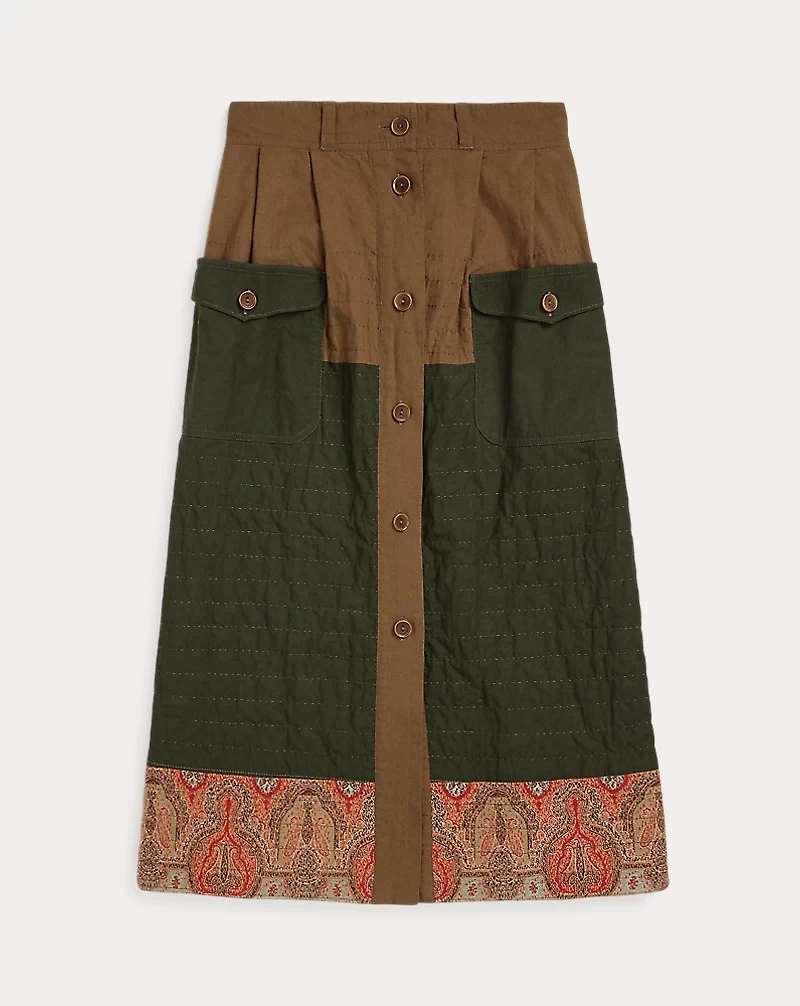 Mixed-Panel Quilted Cotton-Linen Skirt