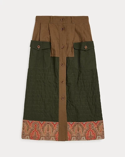 Mixed-Panel Quilted Cotton-Linen Skirt